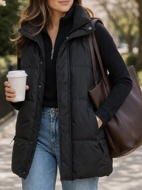 All in Motion Black Longline Puffer Vest High Neck Minimal Spring Layer M